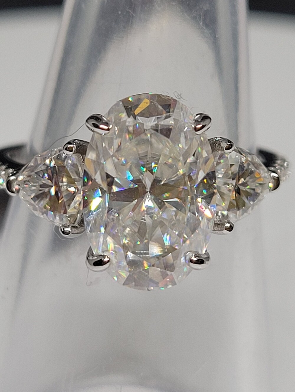 STUNNING! 5.72ct Oval & Trillion Three Stone Moissanite Ring